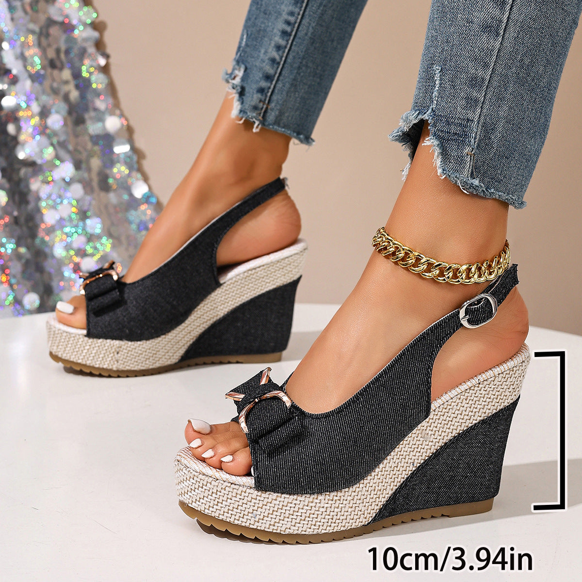 Celeste | Keilsandalen mit Schleife in Denim-Optik