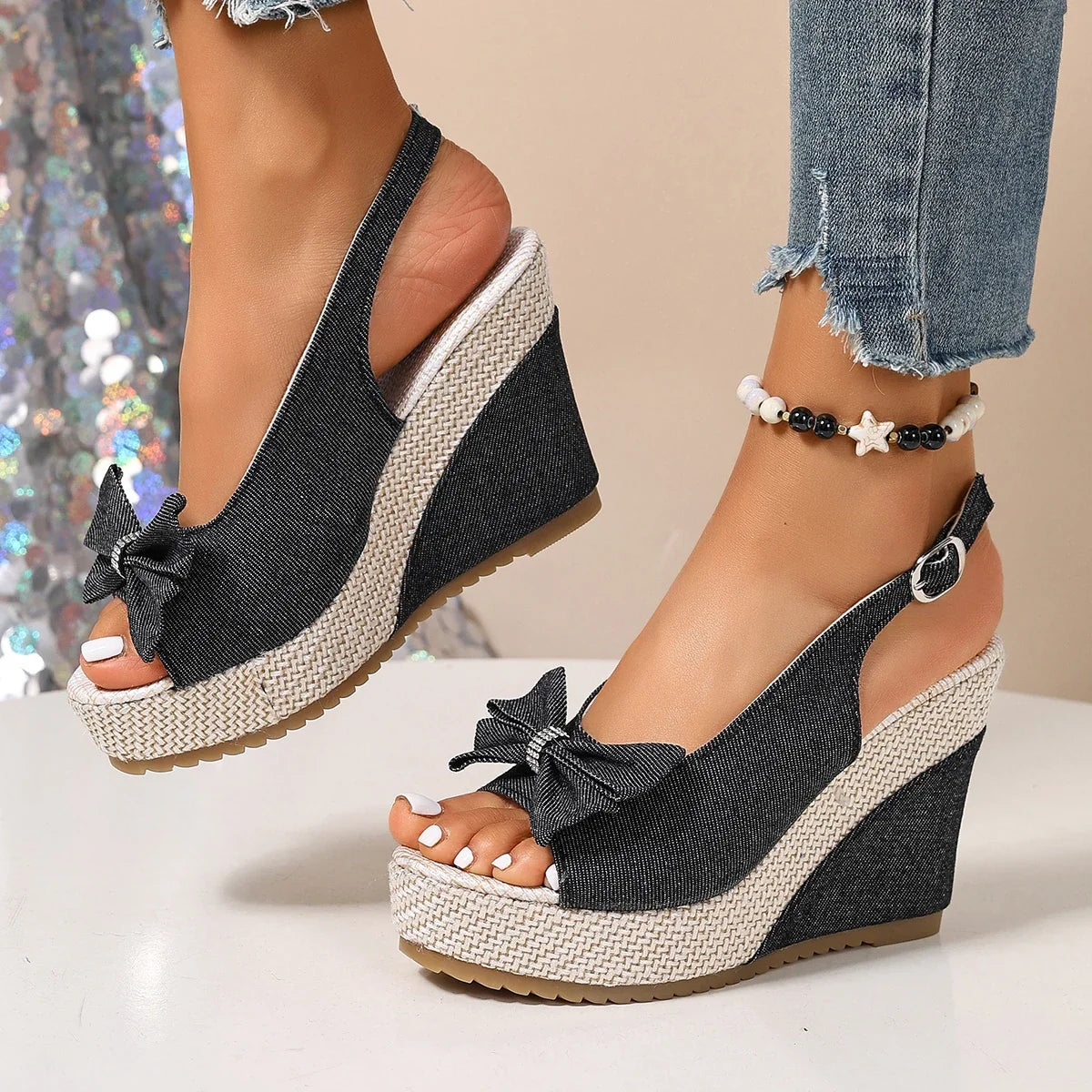 Anna | Keilsandalen in Denim-Optik