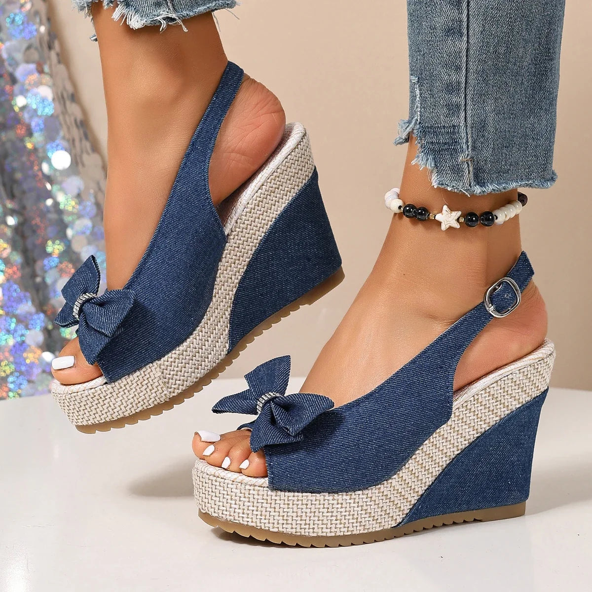 Anna | Keilsandalen in Denim-Optik