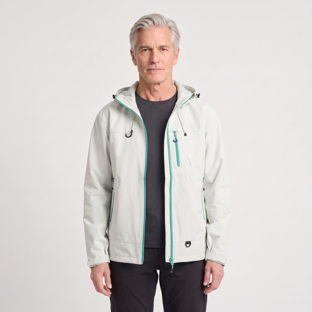 AlpenShell Allwetterjacke in Hellgrau mit Mint-Reißverschlüssen, an Herren-Model