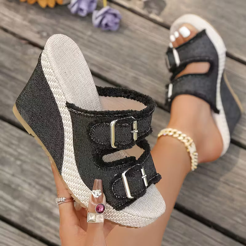 Elara | Keilsandalen in Denim-Optik