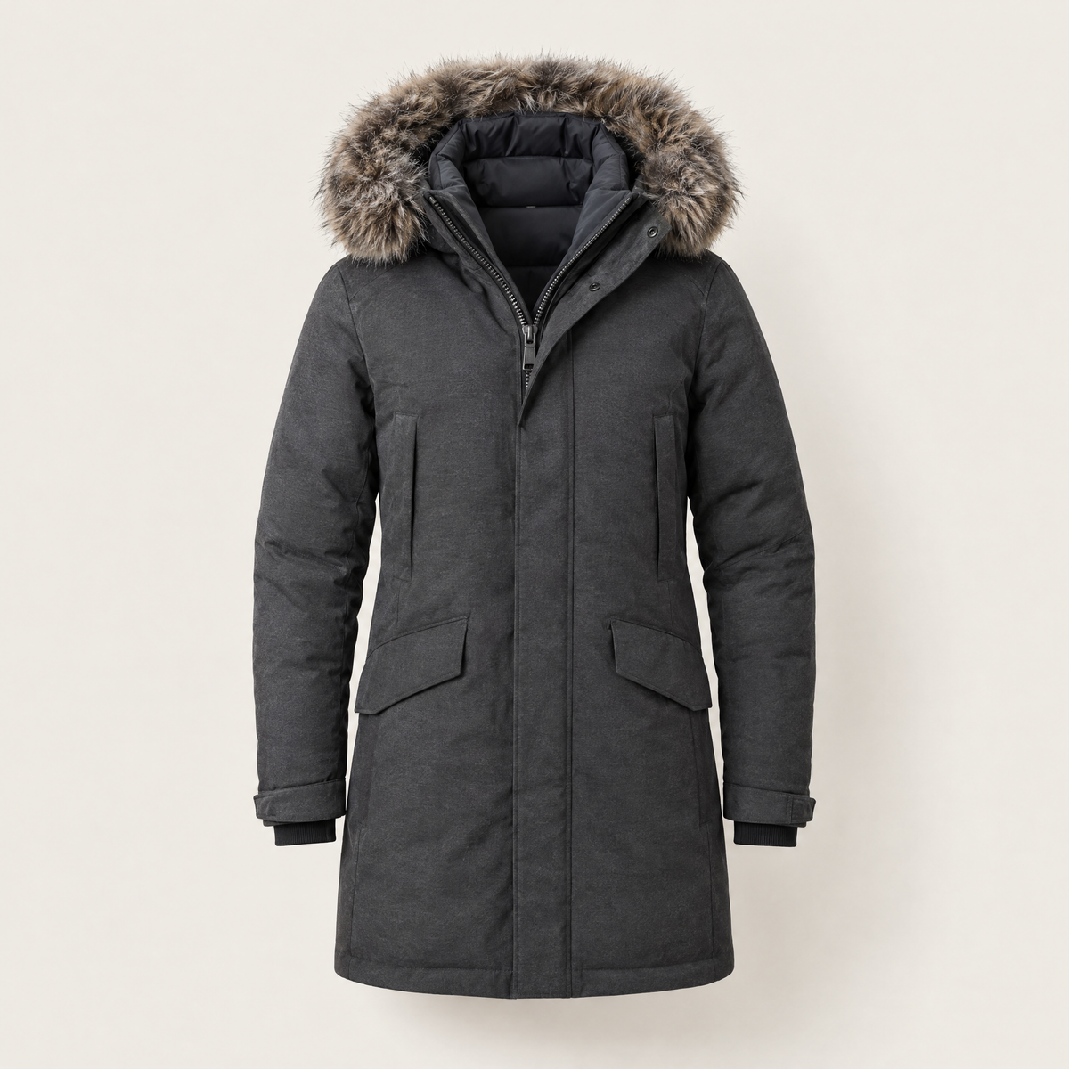 Dunkler Winterparka mit Fellkapuze