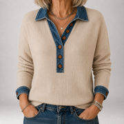 Clarisse | Gerippter Polo-Pullover mit Denim-Kragen