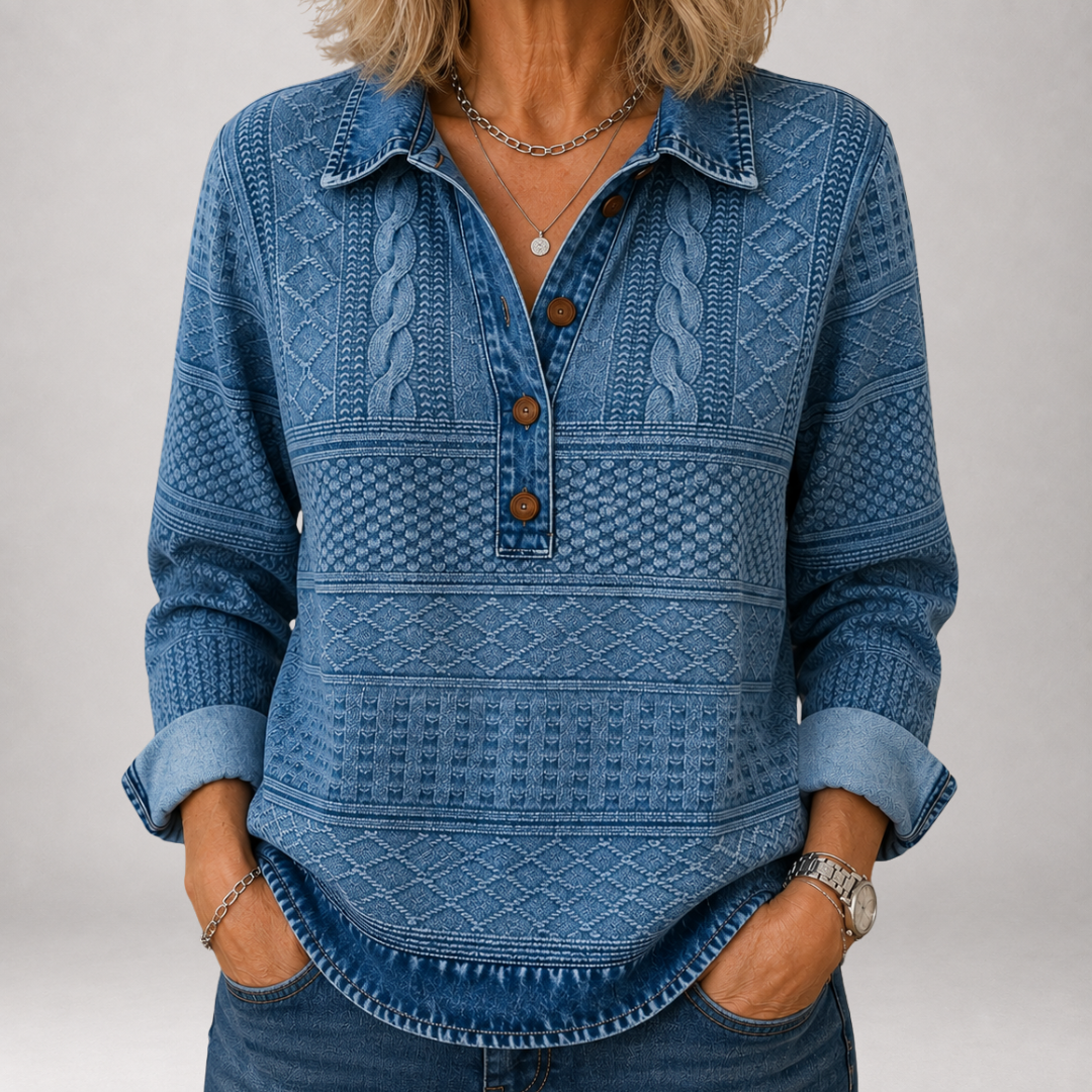 Jorunn | Jacquard-Polopullover in Denim-Optik