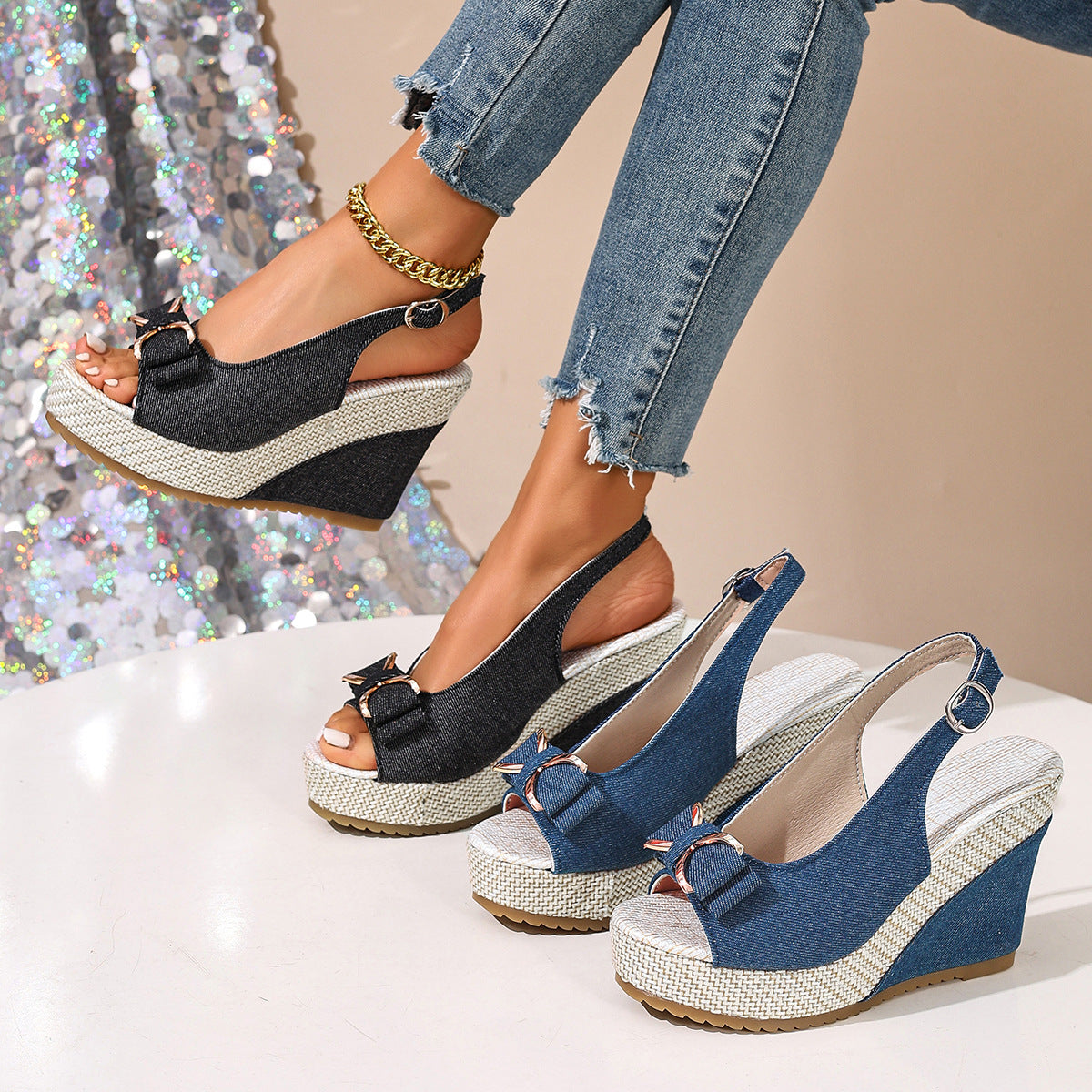 Celeste | Keilsandalen mit Schleife in Denim-Optik