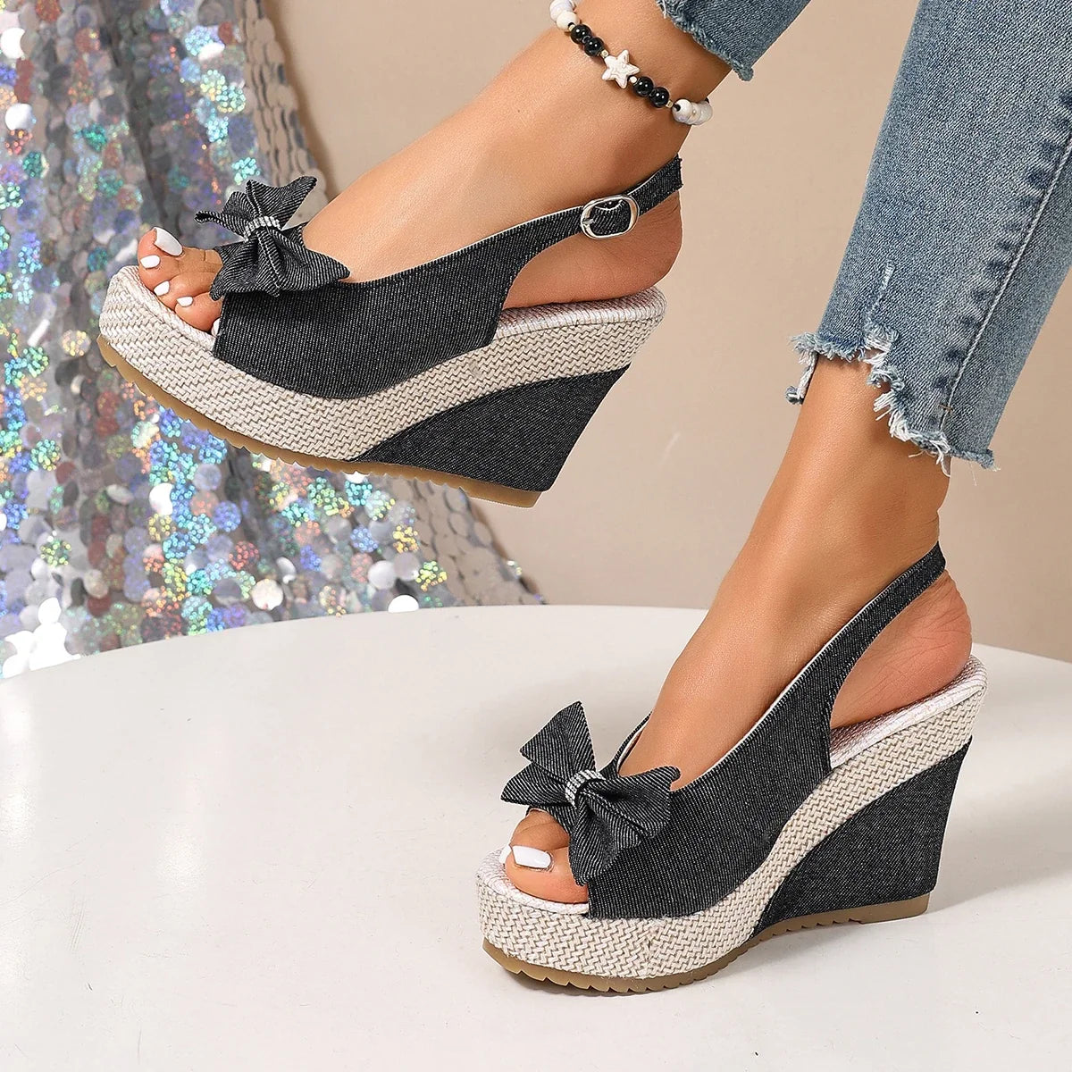Anna | Keilsandalen in Denim-Optik