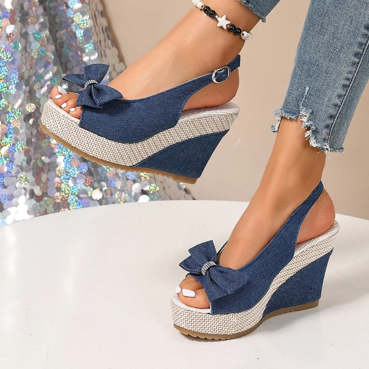 Anna | Keilsandalen in Denim-Optik