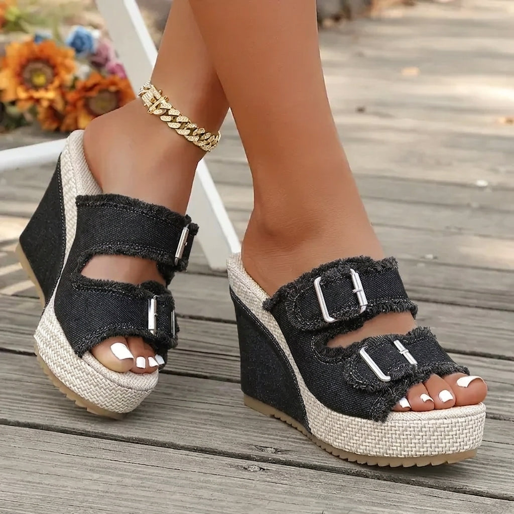 Elara | Keilsandalen in Denim-Optik
